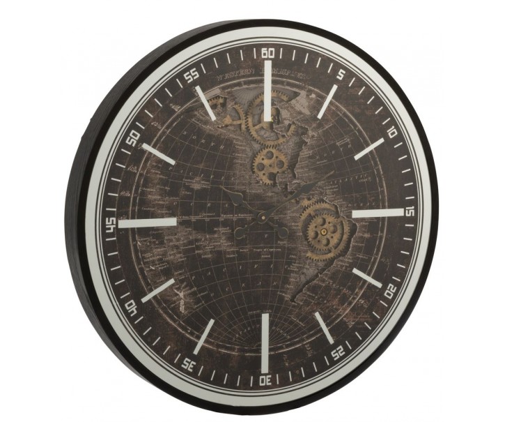 Černé dřevěné veliké nástěnné hodiny mapa světa World - Ø 80*8 cm J-Line by Jolipa