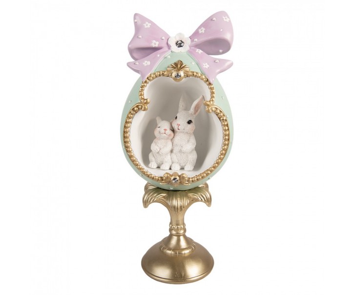 Zelené vajíčko na podstavci s králíčky a mašlí - 17*16*41 cm Clayre & Eef