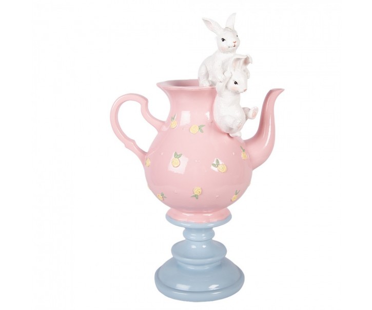 Dekorace králíčci na růžové konvičce na podstavci - 22*14*35 cm Clayre & Eef