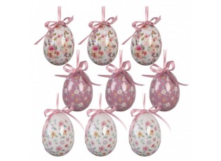 9ks dekorace bílo-růžové závěsné vajíčko s květy Spring Egg - Ø 5*8 cm