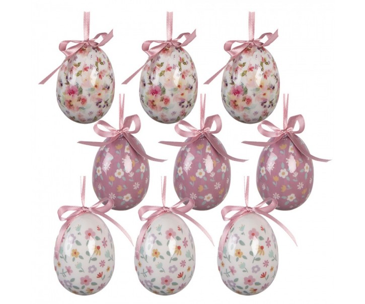 9ks dekorace bílo-růžové závěsné vajíčko s květy Spring Egg - Ø 5*8 cm Clayre & Eef