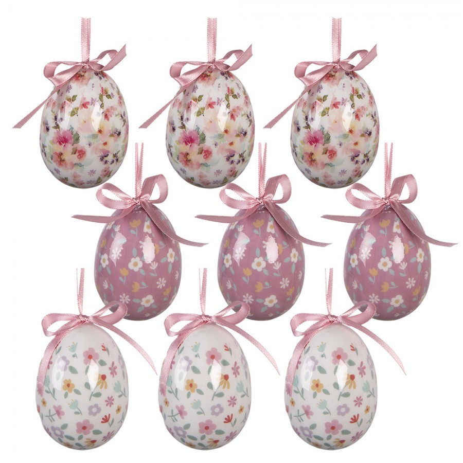 9ks dekorace bílo-růžové závěsné vajíčko s květy Spring Egg - Ø 5*8 cm