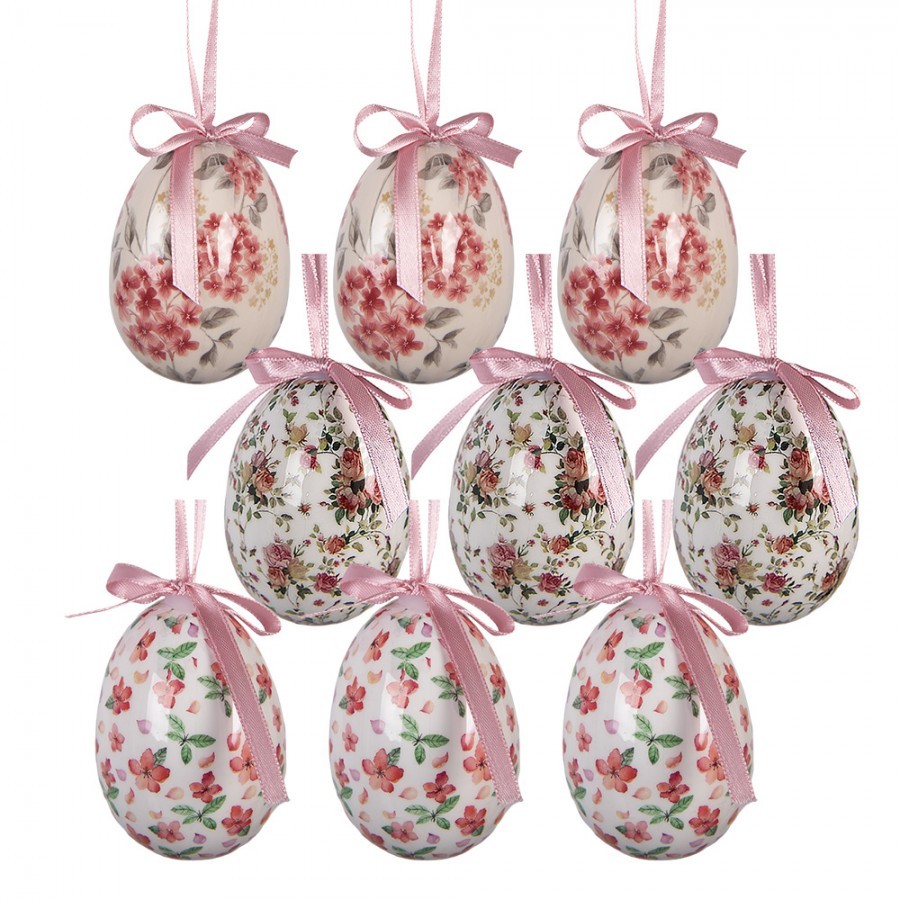 9ks dekorace bílé závěsné vajíčko s květy Spring Egg - Ø 5*8 cm