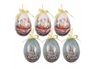 6 ks dekorace bílo-modré závěsné vajíčko s králíčky Spring Egg - Ø 7*10 cm