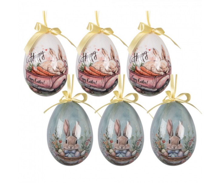 6 ks dekorace bílo-modré závěsné vajíčko s králíčky Spring Egg - Ø 7*10 cm Clayre & Eef