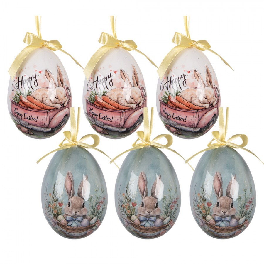 6 ks dekorace bílo-modré závěsné vajíčko s králíčky Spring Egg - Ø 7*10 cm