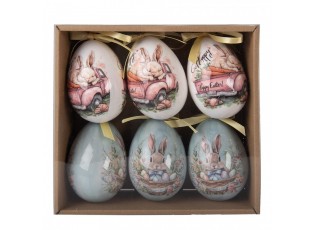 6 ks dekorace bílo-modré závěsné vajíčko s králíčky Spring Egg - Ø 7*10 cm