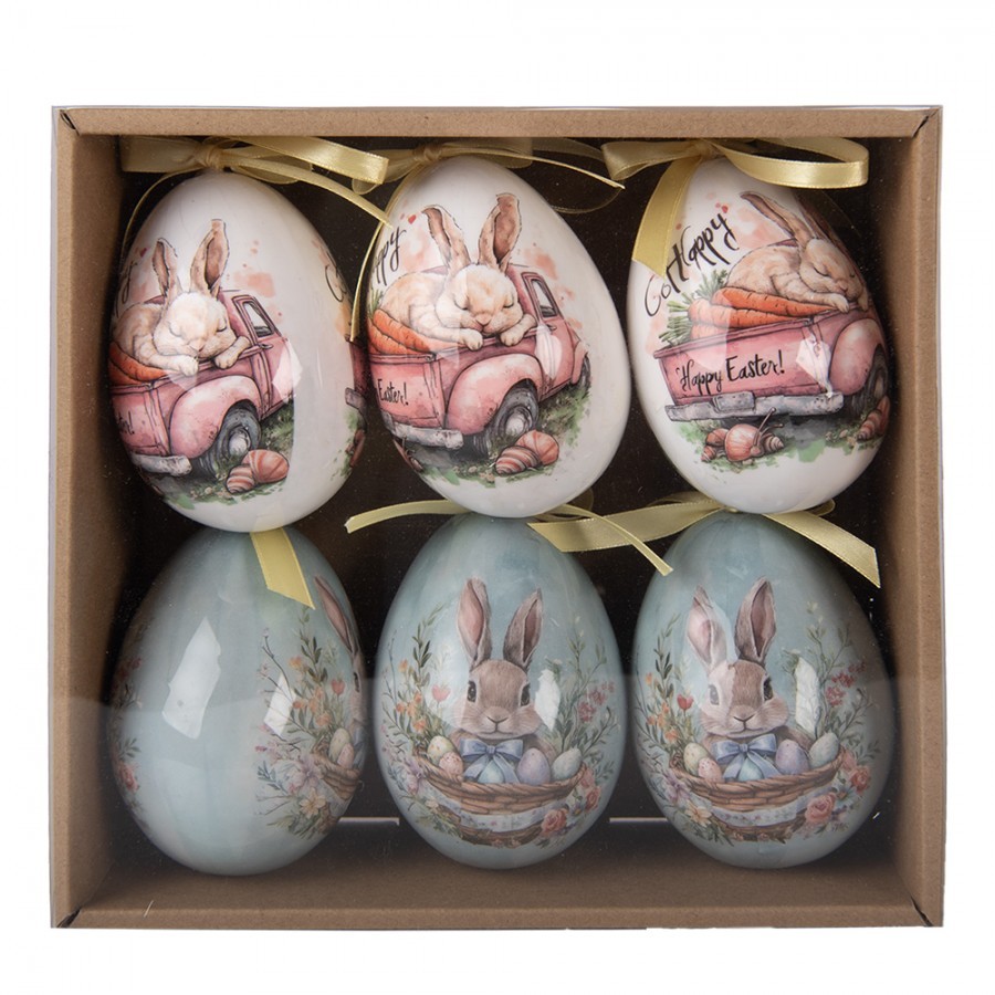 6 ks dekorace bílo-modré závěsné vajíčko s králíčky Spring Egg - Ø 7*10 cm