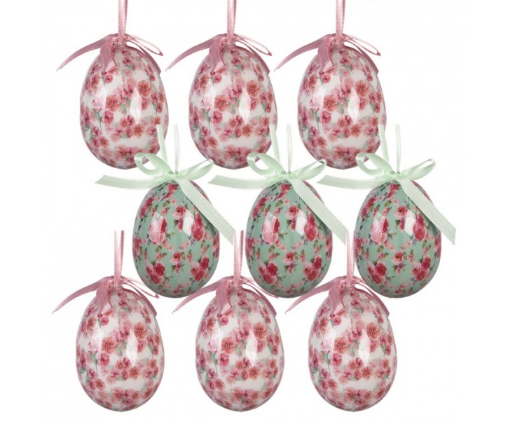 9ks dekorace bílo-růžové závěsné vajíčko s květy Spring Egg - Ø 5*8 cm Clayre & Eef