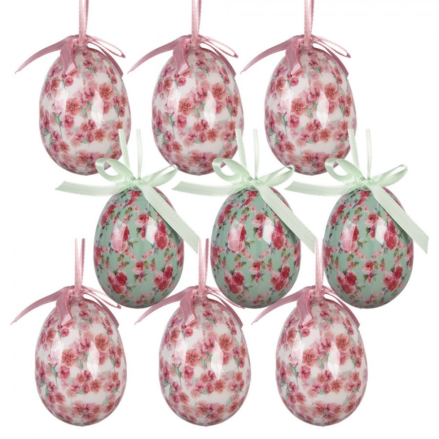 9ks dekorace bílo-růžové závěsné vajíčko s květy Spring Egg - Ø 5*8 cm
