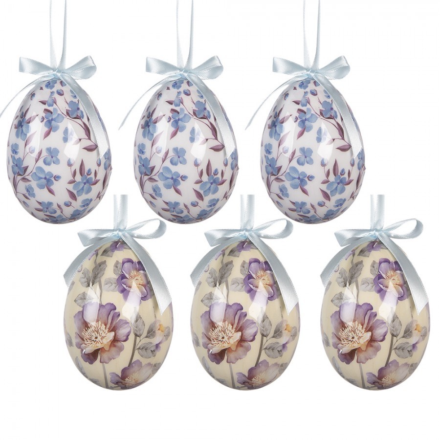 6ks dekorace bílé a béžové závěsné vajíčko s květy Spring Egg - Ø 7*10 cm