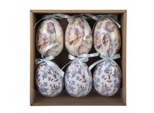 6ks dekorace bílé a béžové závěsné vajíčko s květy Spring Egg - Ø 7*10 cm