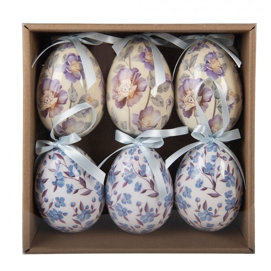 6ks dekorace bílé a béžové závěsné vajíčko s květy Spring Egg - Ø 7*10 cm