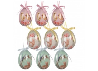 9ks dekorace barevné závěsné vajíčko s králíčky a kuřátky Spring Egg - Ø 5*8 cm