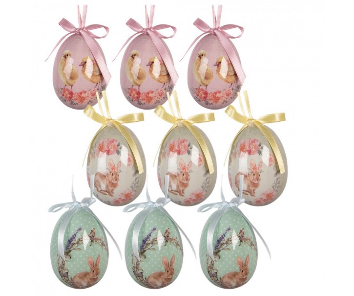 9ks dekorace barevné závěsné vajíčko s králíčky a kuřátky Spring Egg - Ø 5*8 cm Clayre & Eef