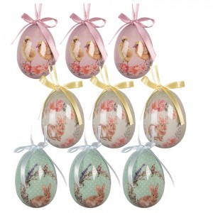 9ks dekorace barevné závěsné vajíčko s králíčky a kuřátky Spring Egg - Ø 5*8 cm