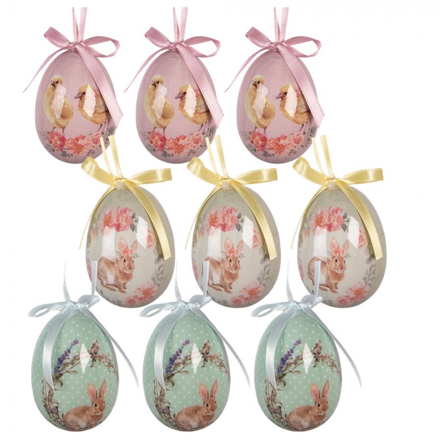 9ks dekorace barevné závěsné vajíčko s králíčky a kuřátky Spring Egg - Ø 5*8 cm
