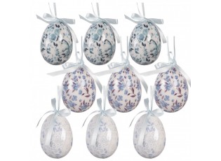 9ks dekorace bílo-modré závěsné vajíčko s květy Spring Egg - Ø 5*8 cm