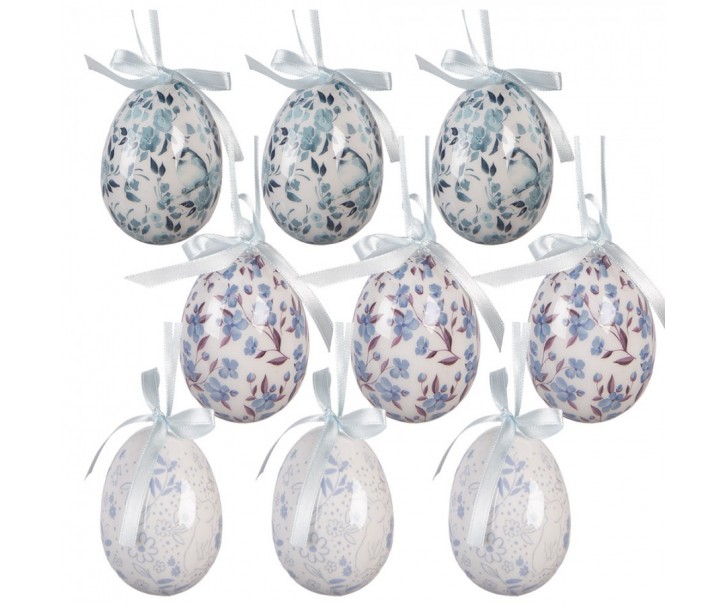 9ks dekorace bílo-modré závěsné vajíčko s květy Spring Egg - Ø 5*8 cm Clayre & Eef