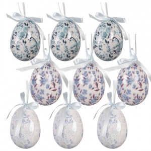 9ks dekorace bílo-modré závěsné vajíčko s květy Spring Egg - Ø 5*8 cm