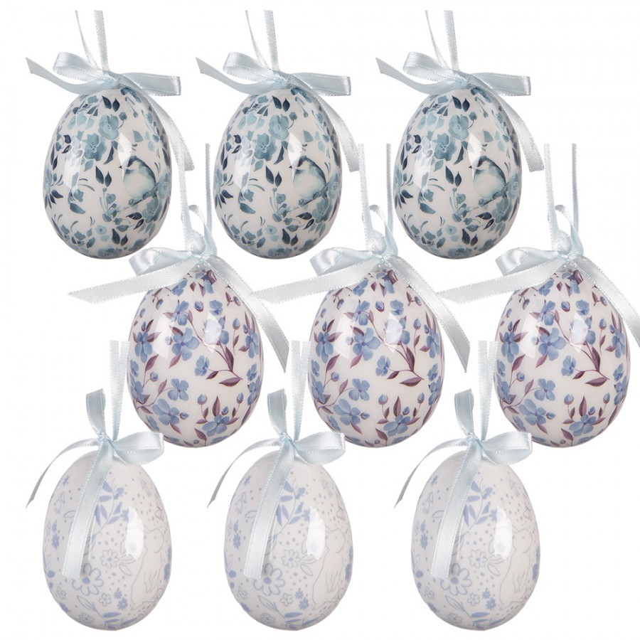 9ks dekorace bílo-modré závěsné vajíčko s květy Spring Egg - Ø 5*8 cm