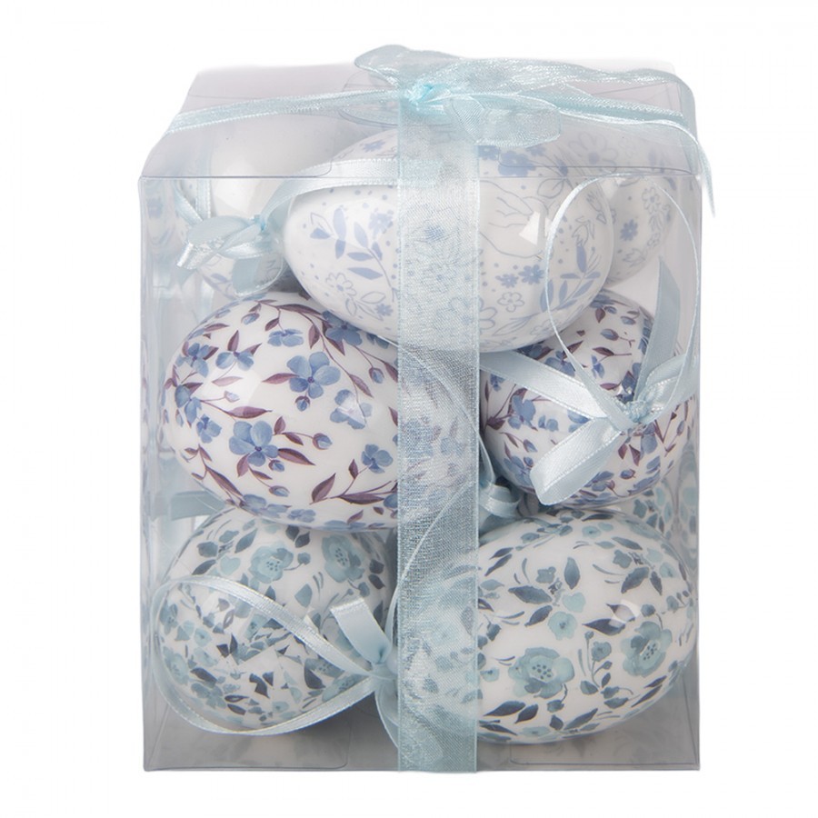 9ks dekorace bílo-modré závěsné vajíčko s květy Spring Egg - Ø 5*8 cm