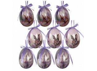9ks dekorace fialové závěsné vajíčko s králíčky Spring Egg - Ø 5*8 cm