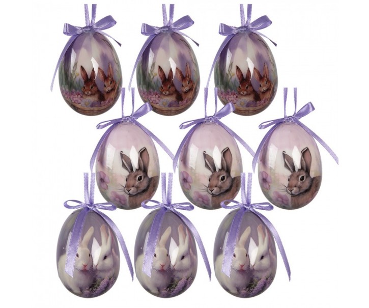 9ks dekorace fialové závěsné vajíčko s králíčky Spring Egg - Ø 5*8 cm Clayre & Eef
