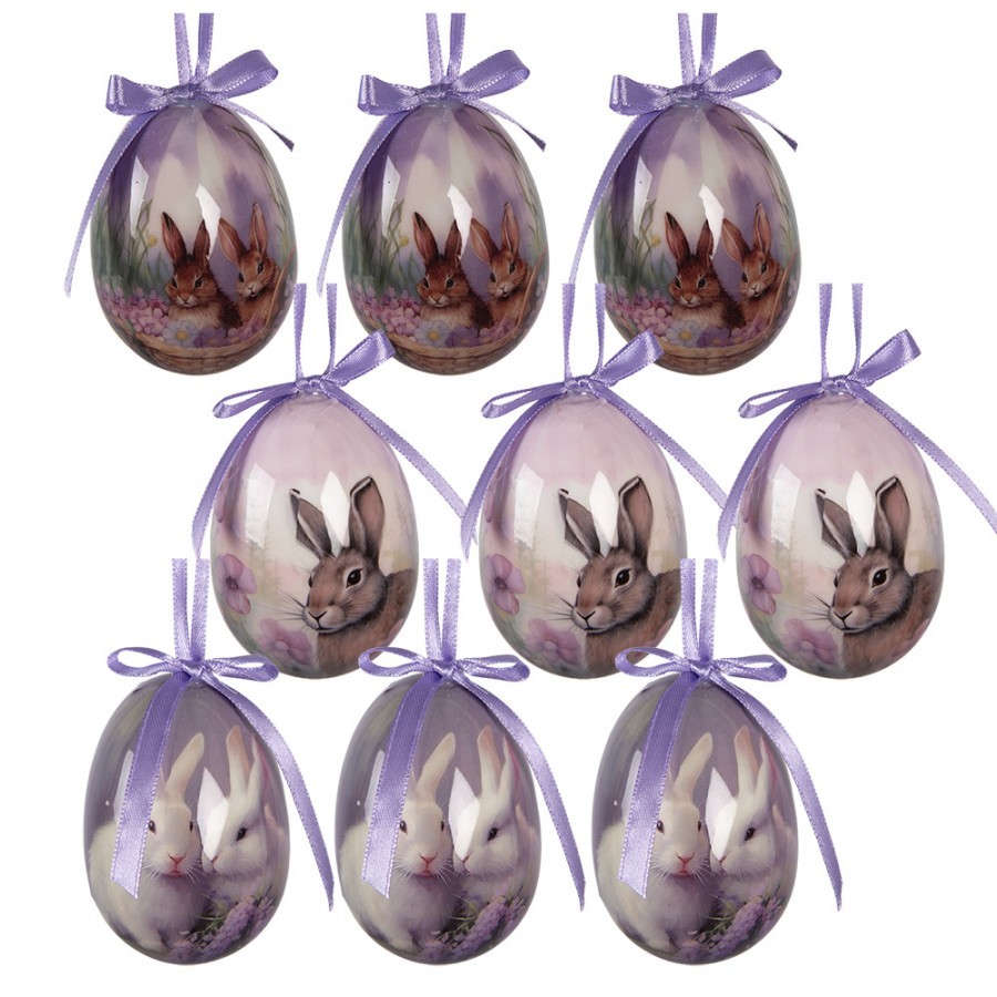 9ks dekorace fialové závěsné vajíčko s králíčky Spring Egg - Ø 5*8 cm