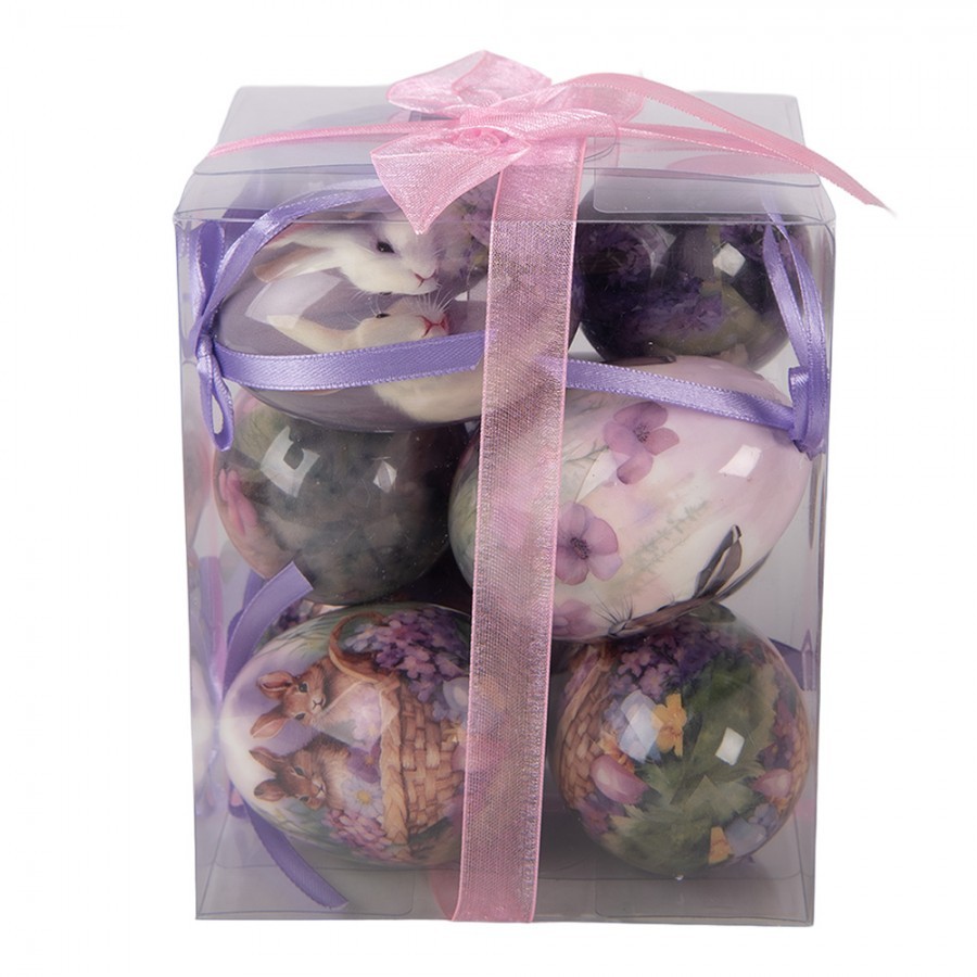 9ks dekorace fialové závěsné vajíčko s králíčky Spring Egg - Ø 5*8 cm