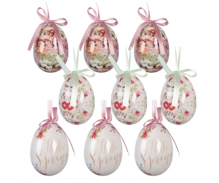 9ks dekorace bílé závěsné vajíčko s květy Hello Spring Egg - Ø 5*8 cm Clayre & Eef