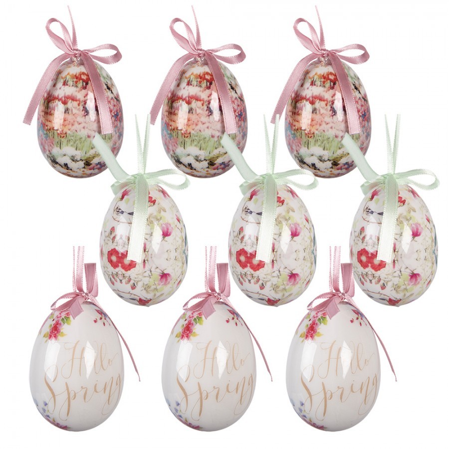 9ks dekorace bílé závěsné vajíčko s květy Hello Spring Egg - Ø 5*8 cm