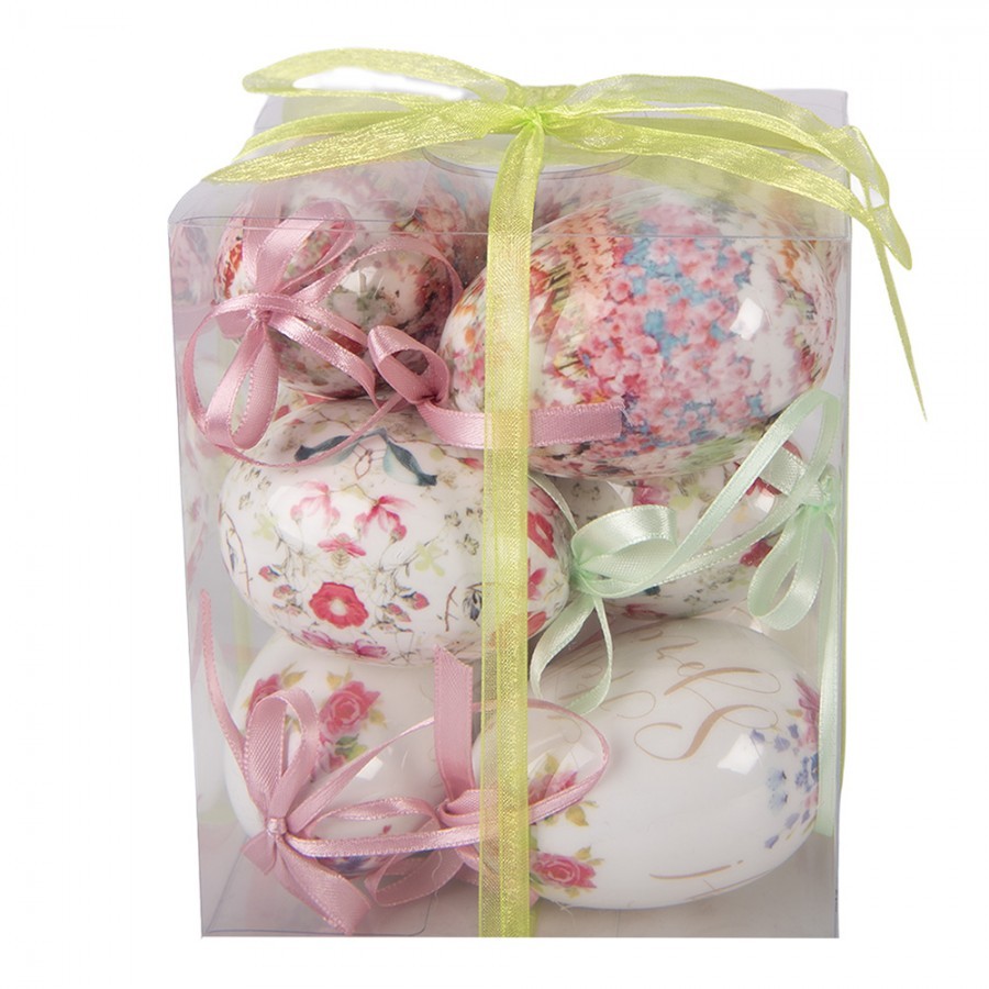9ks dekorace bílé závěsné vajíčko s květy Hello Spring Egg - Ø 5*8 cm