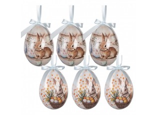 6ks dekorace bílé a béžové závěsné vajíčko s králíčky Spring Egg - Ø 7*10 cm