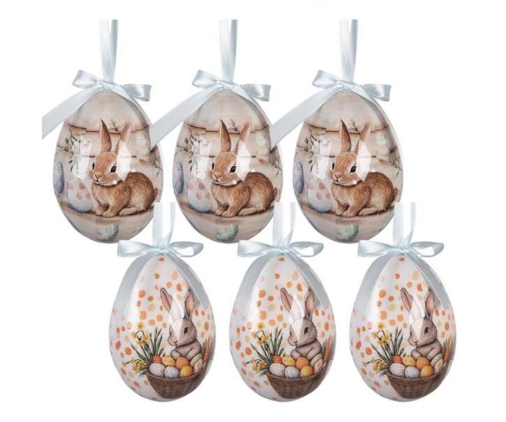 6ks dekorace bílé a béžové závěsné vajíčko s králíčky Spring Egg - Ø 7*10 cm Clayre & Eef