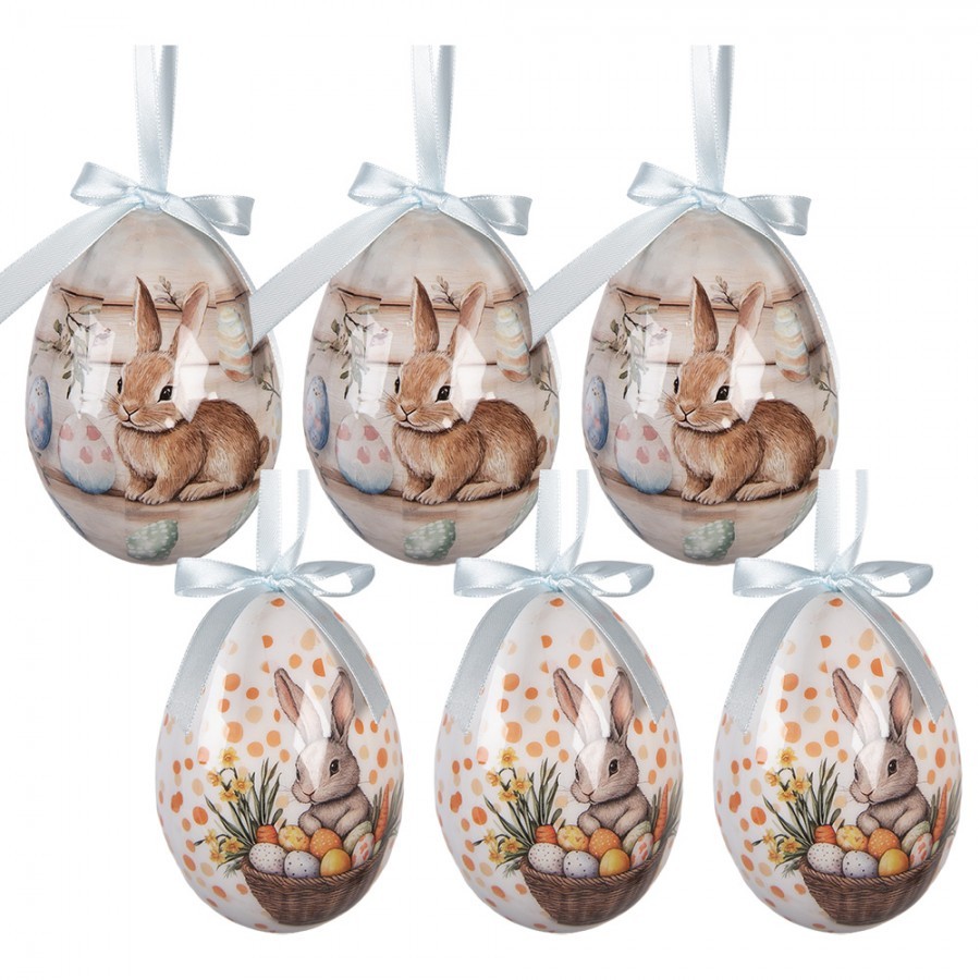 6ks dekorace bílé a béžové závěsné vajíčko s králíčky Spring Egg - Ø 7*10 cm