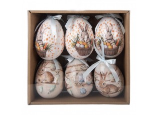 6ks dekorace bílé a béžové závěsné vajíčko s králíčky Spring Egg - Ø 7*10 cm