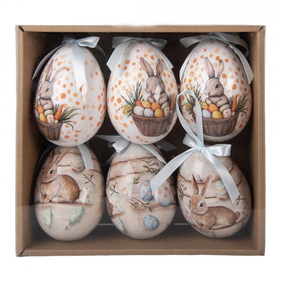 6ks dekorace bílé a béžové závěsné vajíčko s králíčky Spring Egg - Ø 7*10 cm