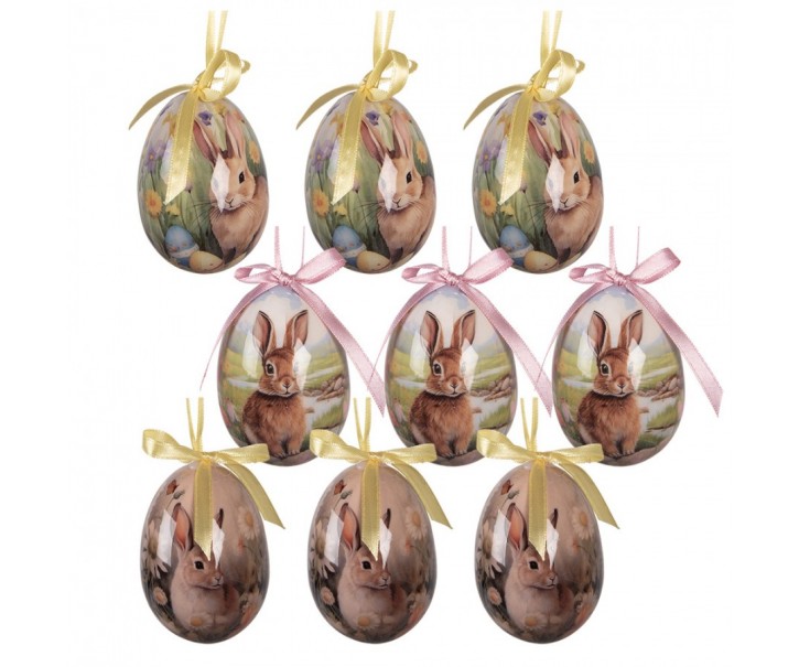 6ks dekorace barevné závěsné vajíčko s králíčky Spring Egg - Ø 5*8 cm Clayre & Eef