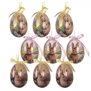 6ks dekorace barevné závěsné vajíčko s králíčky Spring Egg - Ø 5*8 cm