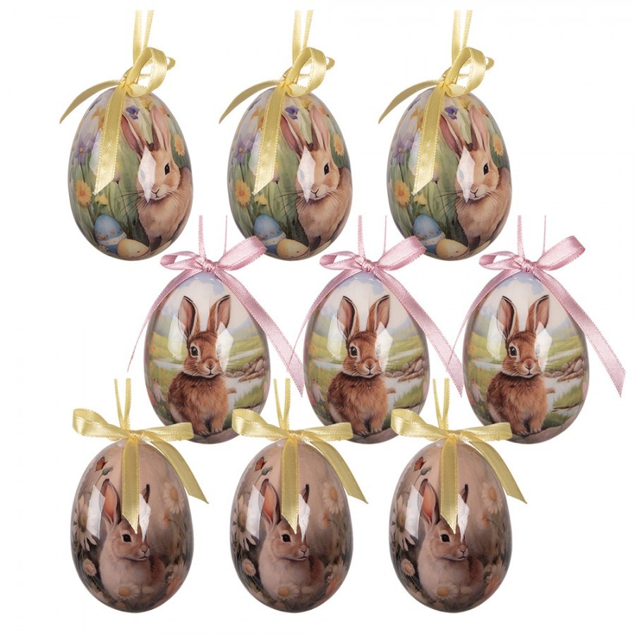 6ks dekorace barevné závěsné vajíčko s králíčky Spring Egg - Ø 5*8 cm
