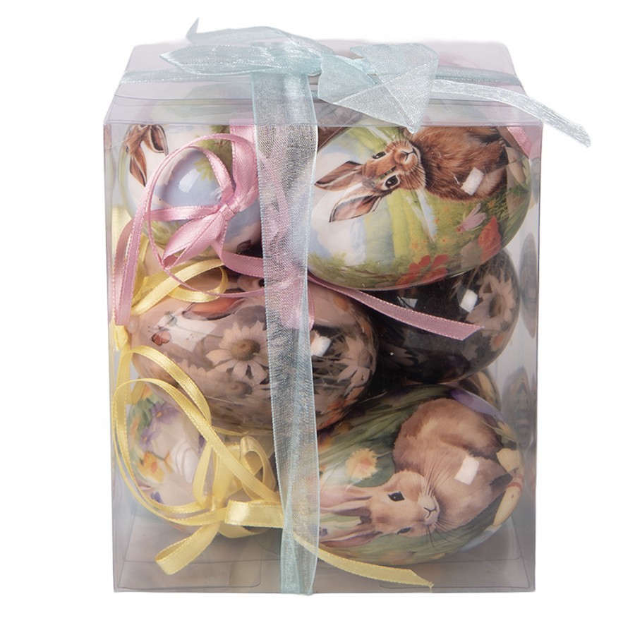 6ks dekorace barevné závěsné vajíčko s králíčky Spring Egg - Ø 5*8 cm
