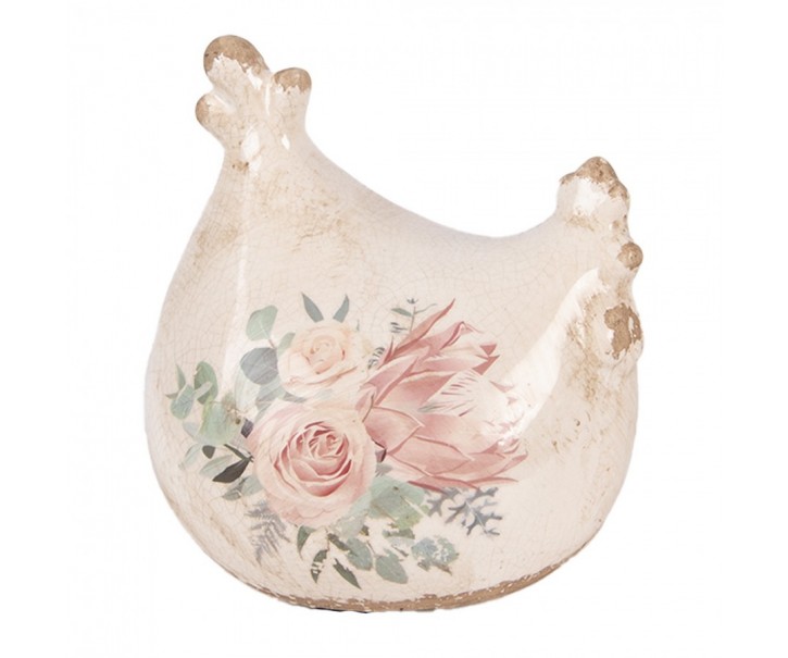 Béžová antik keramická slepička s květy Protea Eucalypt - 12*11*13 cm Clayre & Eef