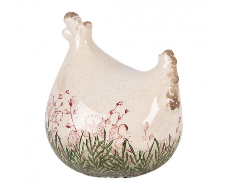 Béžová antik keramická slepička s květy Rustic Flower - 12*11*13 cm Clayre & Eef