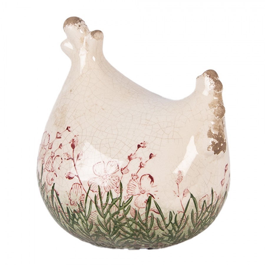 Béžová antik keramická slepička s květy Rustic Flower - 12*11*13 cm