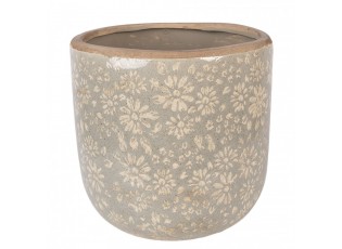 Šedý antik keramický obal na květináč s květy XL - Ø 20*19 cm