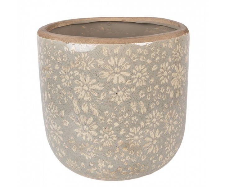 Šedý antik keramický obal na květináč s květy XL - Ø 20*19 cm Clayre & Eef