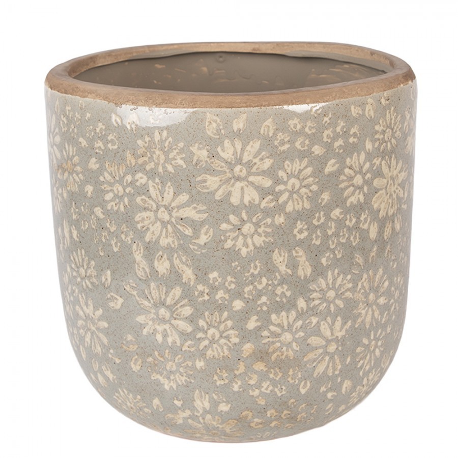 Šedý antik keramický obal na květináč s květy XL - Ø 20*19 cm