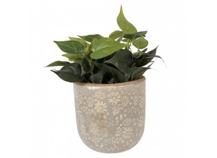 Šedý antik keramický obal na květináč s květy XL - Ø 20*19 cm