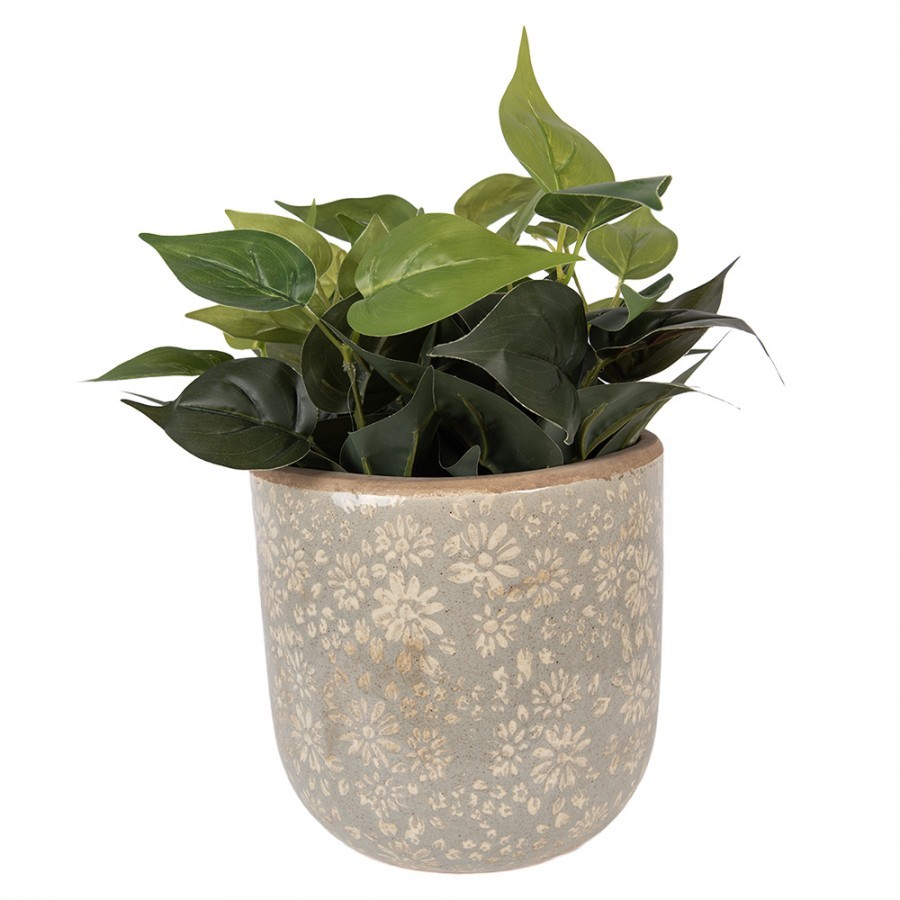 Šedý antik keramický obal na květináč s květy XL - Ø 20*19 cm